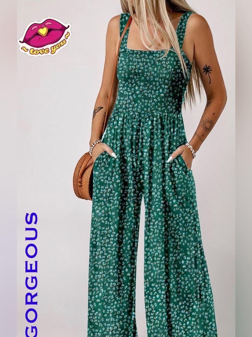 Green Floral Smocked Wide-Leg Jumpsuit